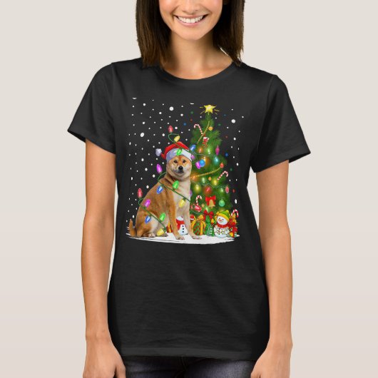 クリスマスツリー照明サンタ柴犬ドッグクリスマス Tシャツ (正面)