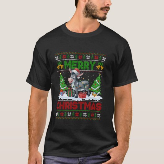 クリスマスツリー照明醜いサンタハットドンキークリスマス Tシャツ (正面)