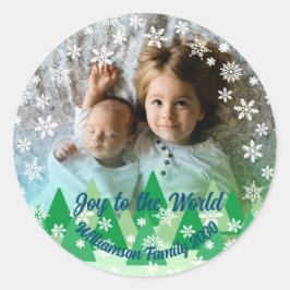 クリスマスツリー白い雪の結晶が世界に喜ぶ ラウンドシール