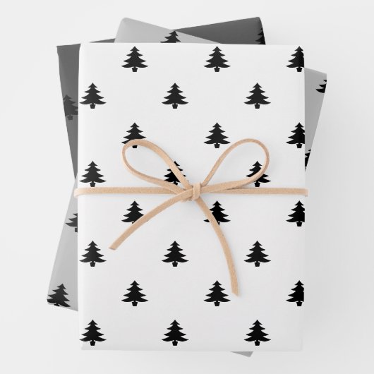 クリスマスツリー白黒グレーのミニマリスト ラッピングペーパーシート (インサイチュ)