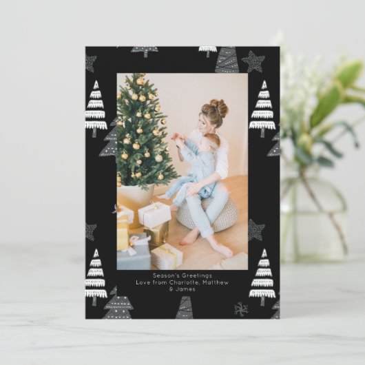 クリスマスツリー白黒パタパーソナライズされたーン シーズンカード (スタンド正面)