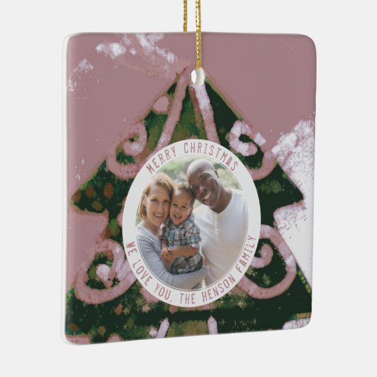 クリスマスツリー芸術的グリーンピンク家族の写真 セラミックオーナメント (右)