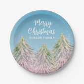 クリスマスツリー芸術的ピンク緑の水色 ペーパープレート (正面)