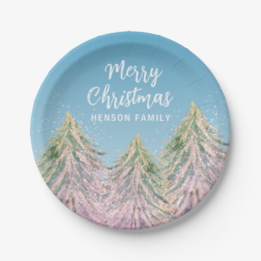 クリスマスツリー芸術的ピンク緑の水色 ペーパープレート (正面)