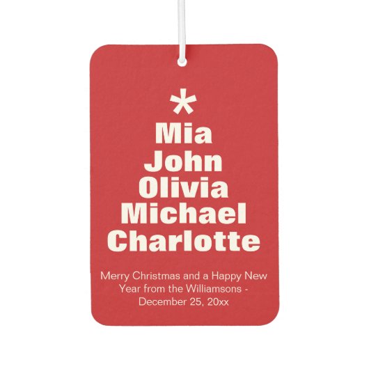 クリスマスツリー赤い白いカスタムの家族の名前の好意 カーエアーフレッシュナー (正面)