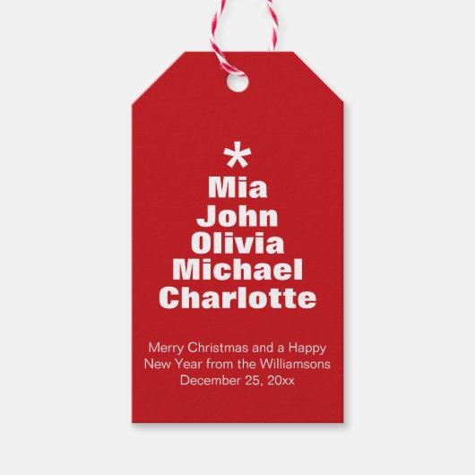クリスマスツリー赤い白い名前をカスタムするのモダン好意 ギフトタグ (正面)