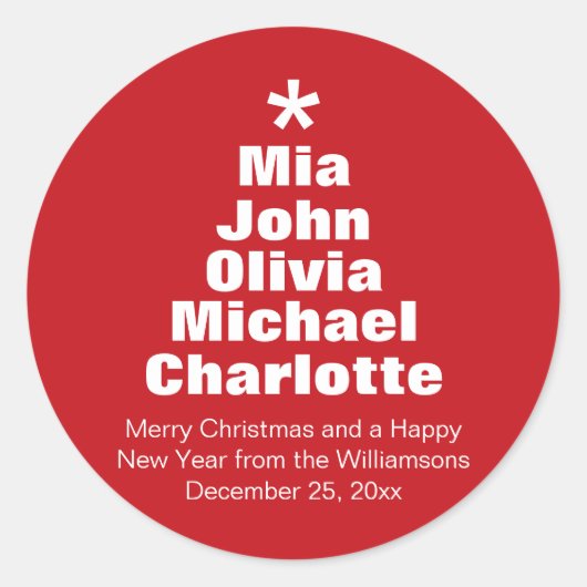 クリスマスツリー赤い白い名前をカスタムする モダン ラウンドシール (正面)