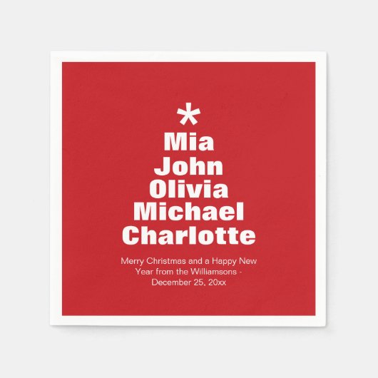 クリスマスツリー赤い白カスタム色の家族の名前紙 スタンダードカクテルナプキン (正面)