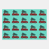 クリスマスツリー赤い車のパターンツリーの水色 ラッピングペーパーシート (正面3)