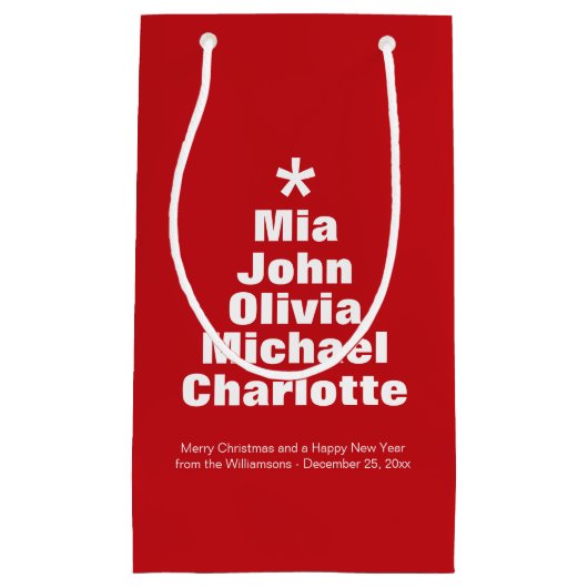クリスマスツリー赤カスタム白い家族の名前 スモールペーパーバッグ (正面)