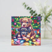 クリスマスツリー遊の下にかわいい子犬たち シーズンカード (スタンド正面)