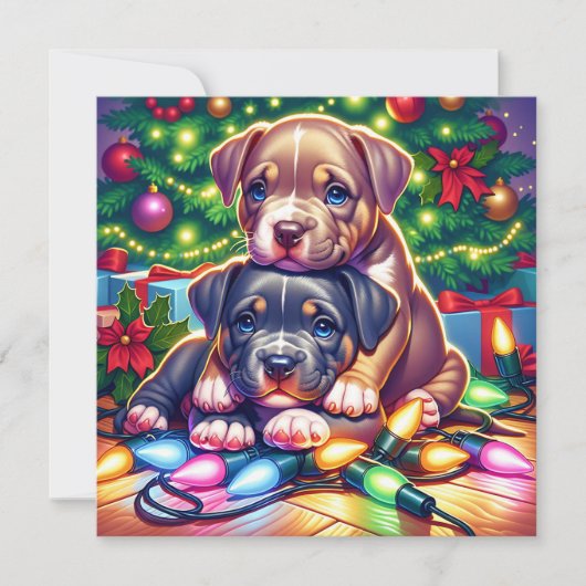 クリスマスツリー遊の下にかわいい子犬たち シーズンカード (正面)