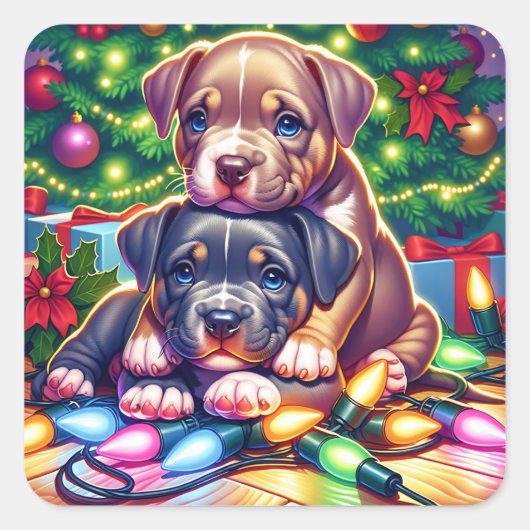 クリスマスツリー遊の下にかわいい子犬たち スクエアシール (正面)