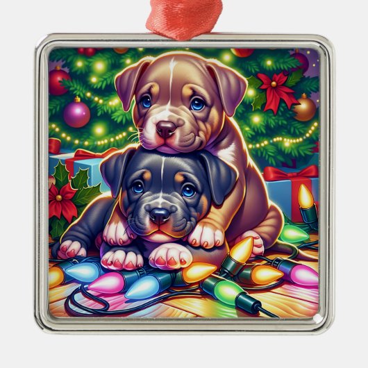 クリスマスツリー遊の下にかわいい子犬たち メタルオーナメント (正面)