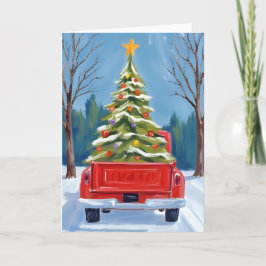 クリスマスツリー配送 赤いトラック 水彩画 シーズンカード