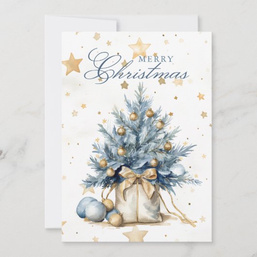 クリスマスツリー金ゴールドブルー書道水色 シーズンカード (正面)