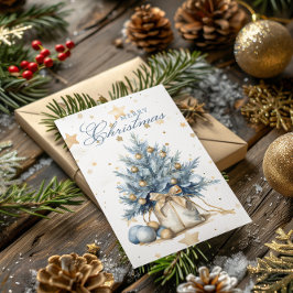 クリスマスツリー金ゴールドブルー書道水色 シーズンカード