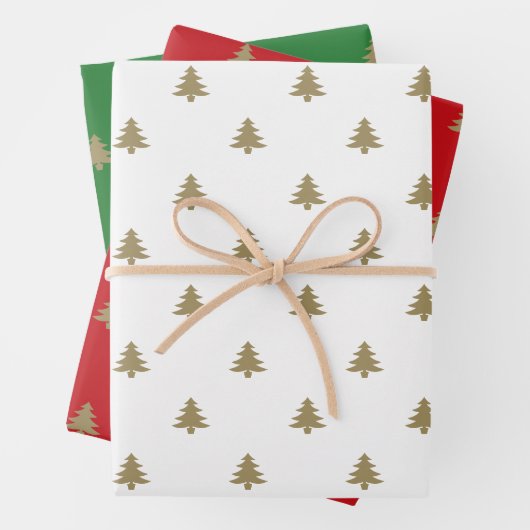 クリスマスツリー金ゴールド赤い白い緑かわいいパターン ラッピングペーパーシート (インサイチュ)