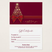 クリスマスツリー金ゴールド雪片レッドボウギフトカード (正面&裏面)