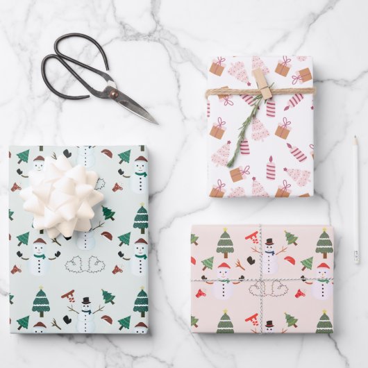 クリスマスツリー雪だるまキャンドルプレゼントクリスマス ラッピングペーパーシート (正面)