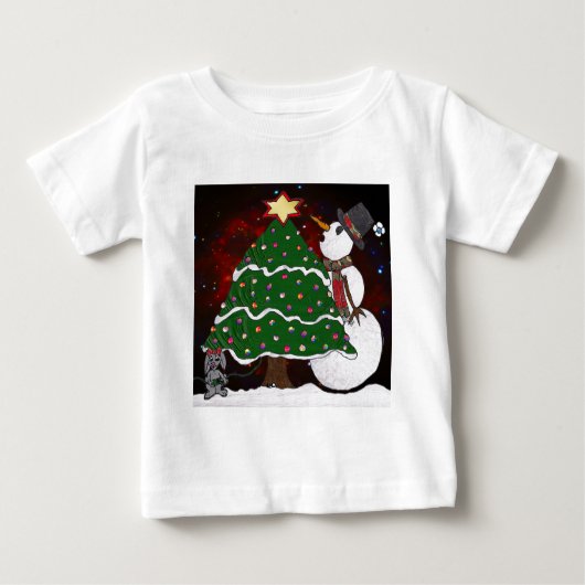 クリスマスツリー雪だるまサプライズプリント ベビーTシャツ (正面)