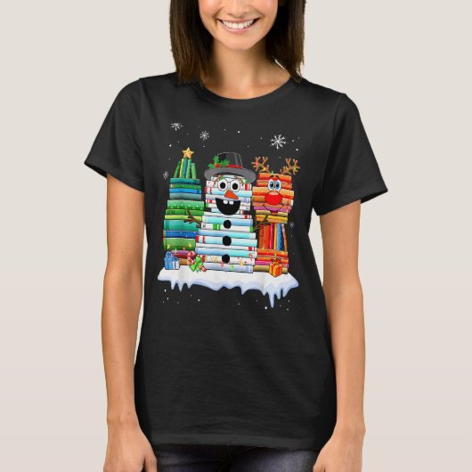 クリスマスツリー雪だるまトナカイ本スタックLibrari Tシャツ (正面)