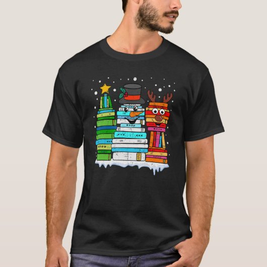 クリスマスツリー雪だるまトナカイ本スタックLibrari Tシャツ (正面)