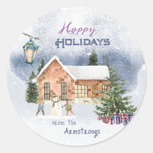 クリスマスツリー雪だるま子供ギフトウィンターシーン ラウンドシール (正面)