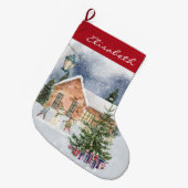 クリスマスツリー雪だるま子供ギフトウィンターシーン ラージクリスマスストッキング (正面 (吊り時))