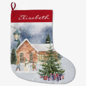 クリスマスツリー雪だるま子供ギフトウィンターシーン ラージクリスマスストッキング (正面)