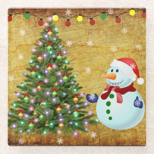 クリスマスツリー雪だるま ガラスコースター (正面)