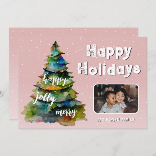 クリスマスツリー雪の水の色ピンクの家族の写真 シーズンカード (正面/裏面)