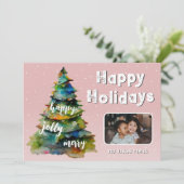 クリスマスツリー雪の水の色ピンクの家族の写真 シーズンカード (スタンド正面)
