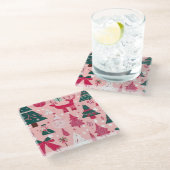 クリスマスツリー鹿のスノーフレークのピンクの装飾用クッション ガラスコースター (アングル)