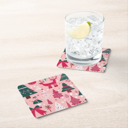 クリスマスツリー鹿のスノーフレークのピンクの装飾用クッション スクエアペーパーコースター (インサイチュ)