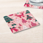 クリスマスツリー鹿のスノーフレークのピンクの装飾用クッション スクエアペーパーコースター (アングル)