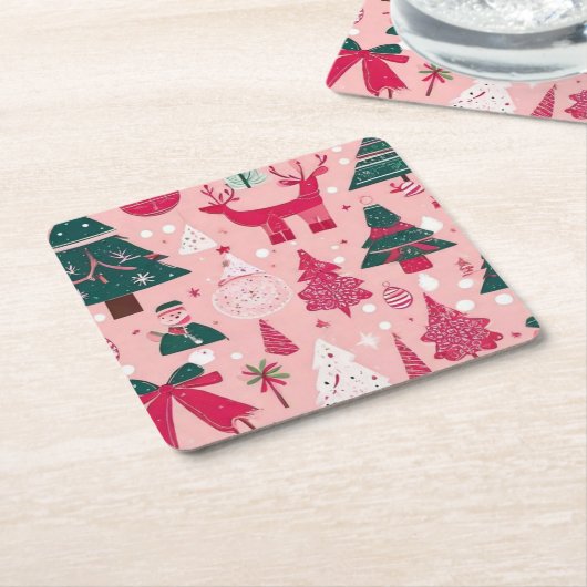 クリスマスツリー鹿のスノーフレークのピンクの装飾用クッション スクエアペーパーコースター (アングル)