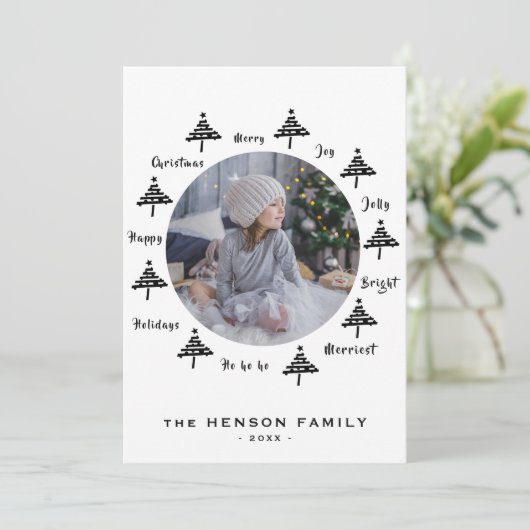 クリスマスツリー黒と白メリーの家族の写真ホー シーズンカード (スタンド正面)