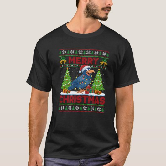 クリスマスツリー ださい サンタ帽子 鳥 レイヴン クリスマス Tシャツ (正面)