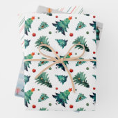 クリスマスツリー、オーナメントとストライプ ラッピングペーパーシート (インサイチュ)