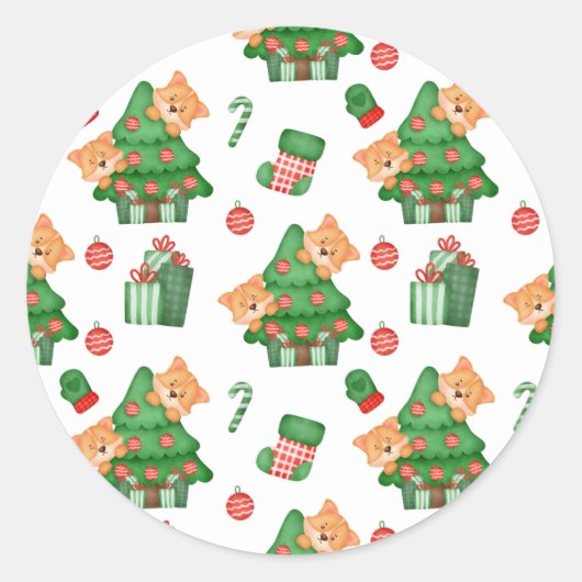 クリスマスツリー、オーナメント、猫 ラウンドシール (正面)