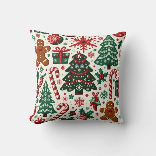 クリスマスツリー、キャンディーケーン、ジンジャーブレッドマン クッション (正面)
