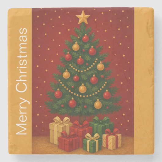 🎄クリスマスツリー&ギフト – クラシッククリスマスカスタム ストーンコースター (正面)