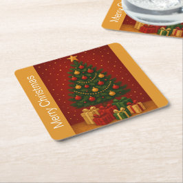 🎄クリスマスツリー&ギフト – クラシッククリスマスデザイン スクエアペーパーコースター