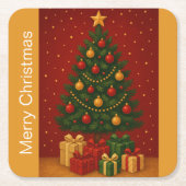 🎄クリスマスツリー&ギフト – クラシッククリスマスデザイン スクエアペーパーコースター (正面)