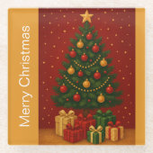 🎄クリスマスツリー&ギフト – クラシック休日 ガラスコースター (正面)