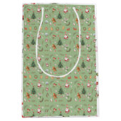 クリスマスツリー サンタ かわいいキャラクター ホリデーデザイン ミディアムペーパーバッグ (正面)