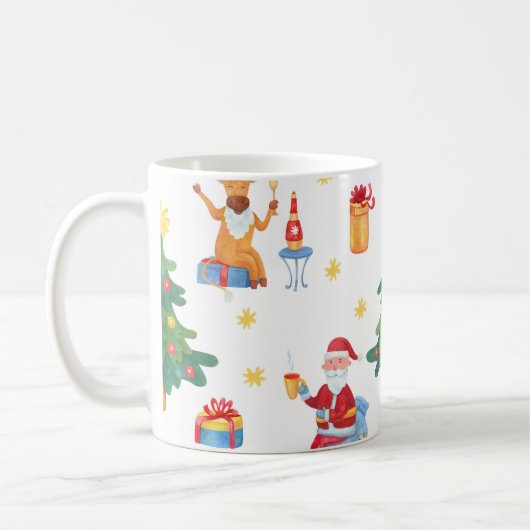 クリスマスツリー、サンタ:水彩パターン。 コーヒーマグカップ (左)