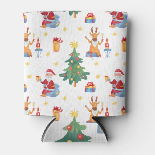 クリスマスツリー、サンタ：水彩パターン。 缶クーラー (正面)