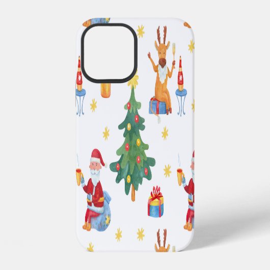 クリスマスツリー、サンタ: 水彩パターン iPhoneケース (裏面)